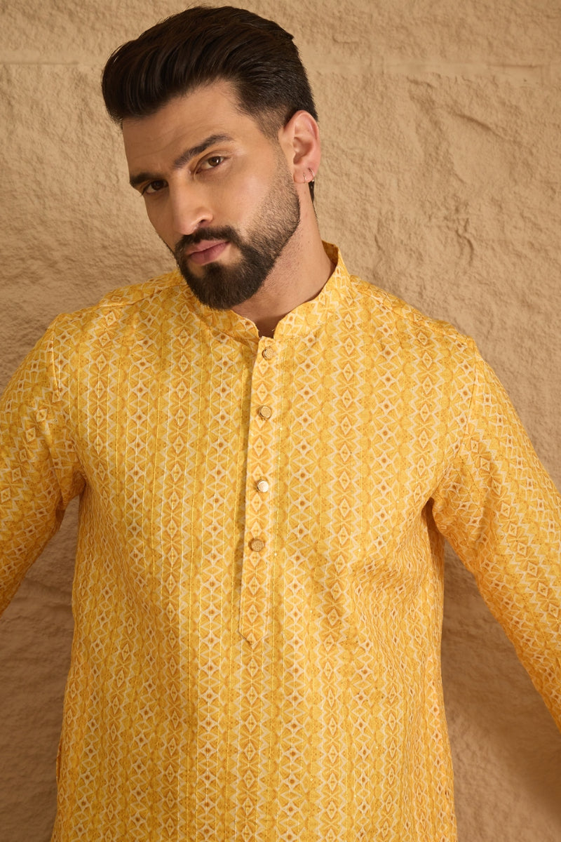 Yellow Silk Blend Geometric Embroidered Straight Kurta | SHOBITAM