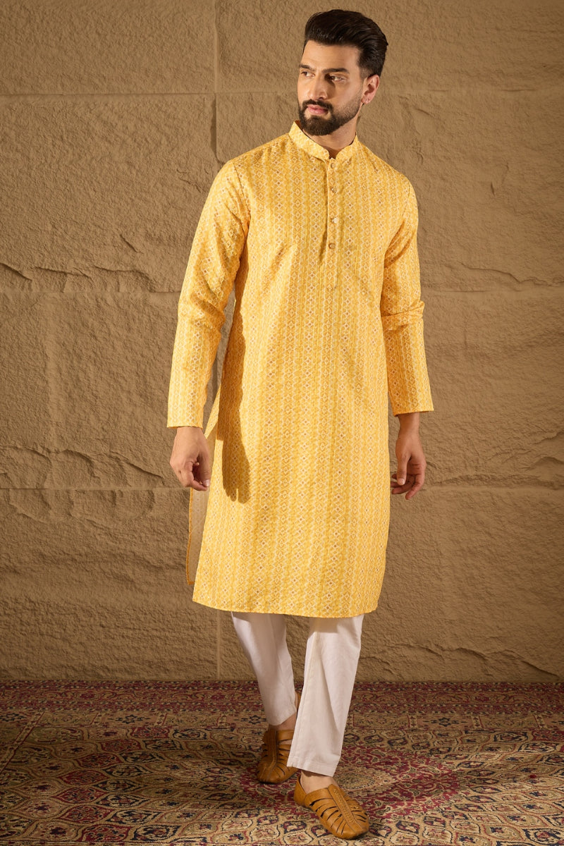 Yellow Silk Blend Geometric Embroidered Straight Kurta | SHOBITAM