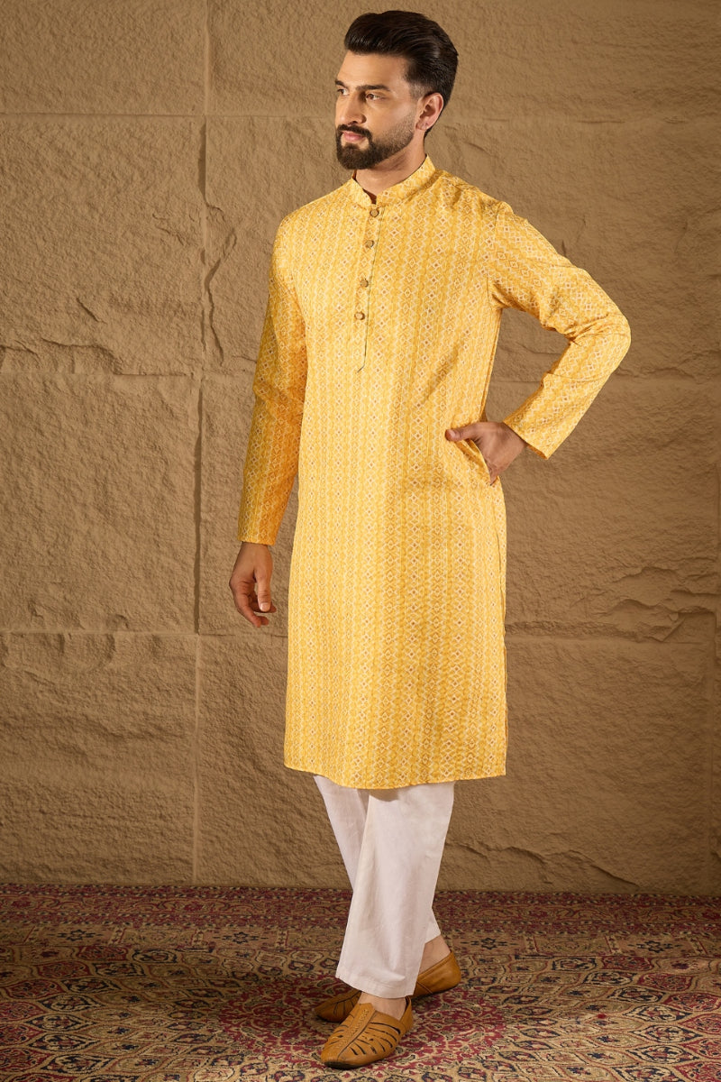 Yellow Silk Blend Geometric Embroidered Straight Kurta | SHOBITAM