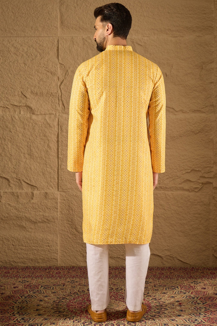 Yellow Silk Blend Geometric Embroidered Straight Kurta | SHOBITAM