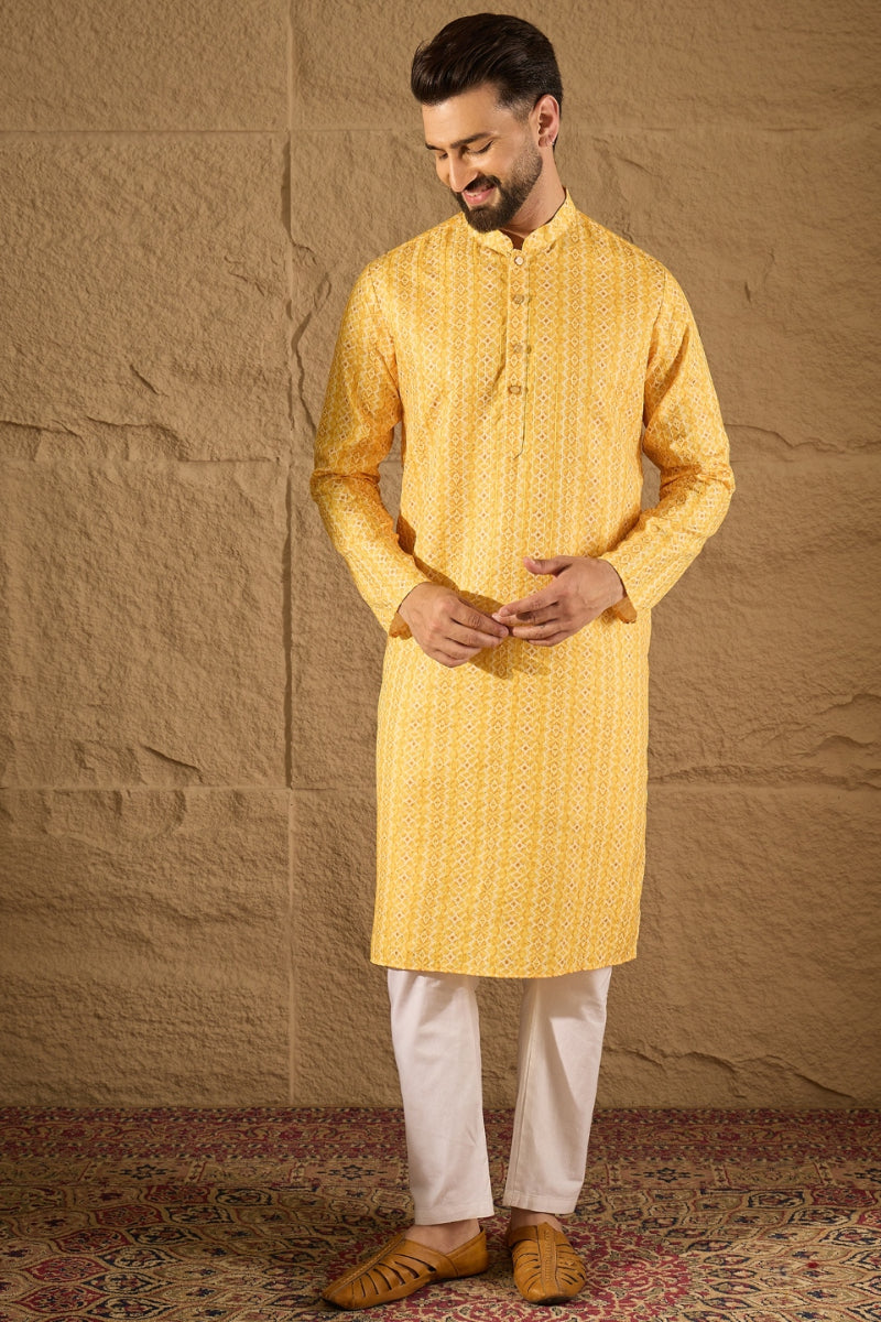 Yellow Silk Blend Geometric Embroidered Straight Kurta | SHOBITAM
