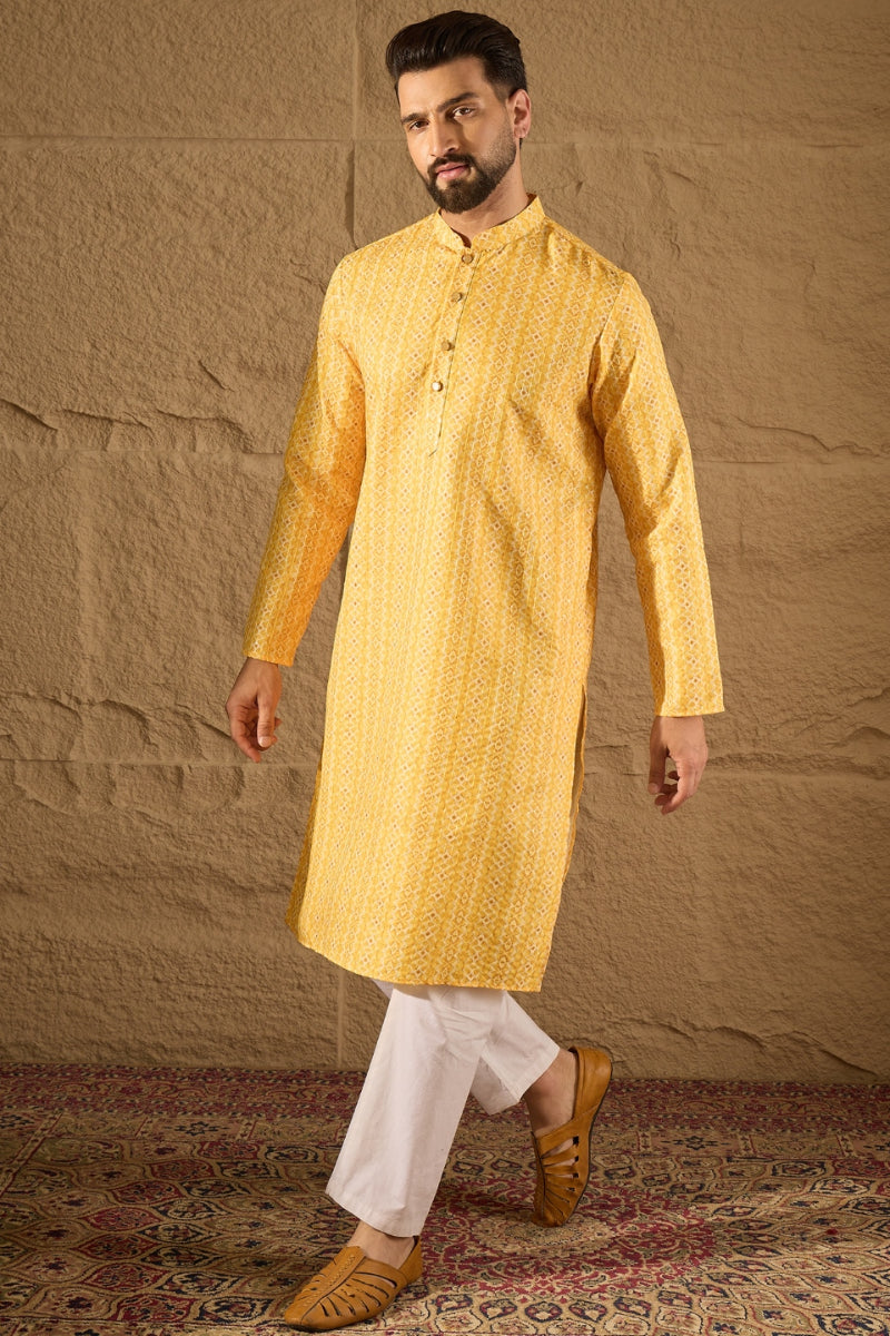 Yellow Silk Blend Geometric Embroidered Straight Kurta | SHOBITAM