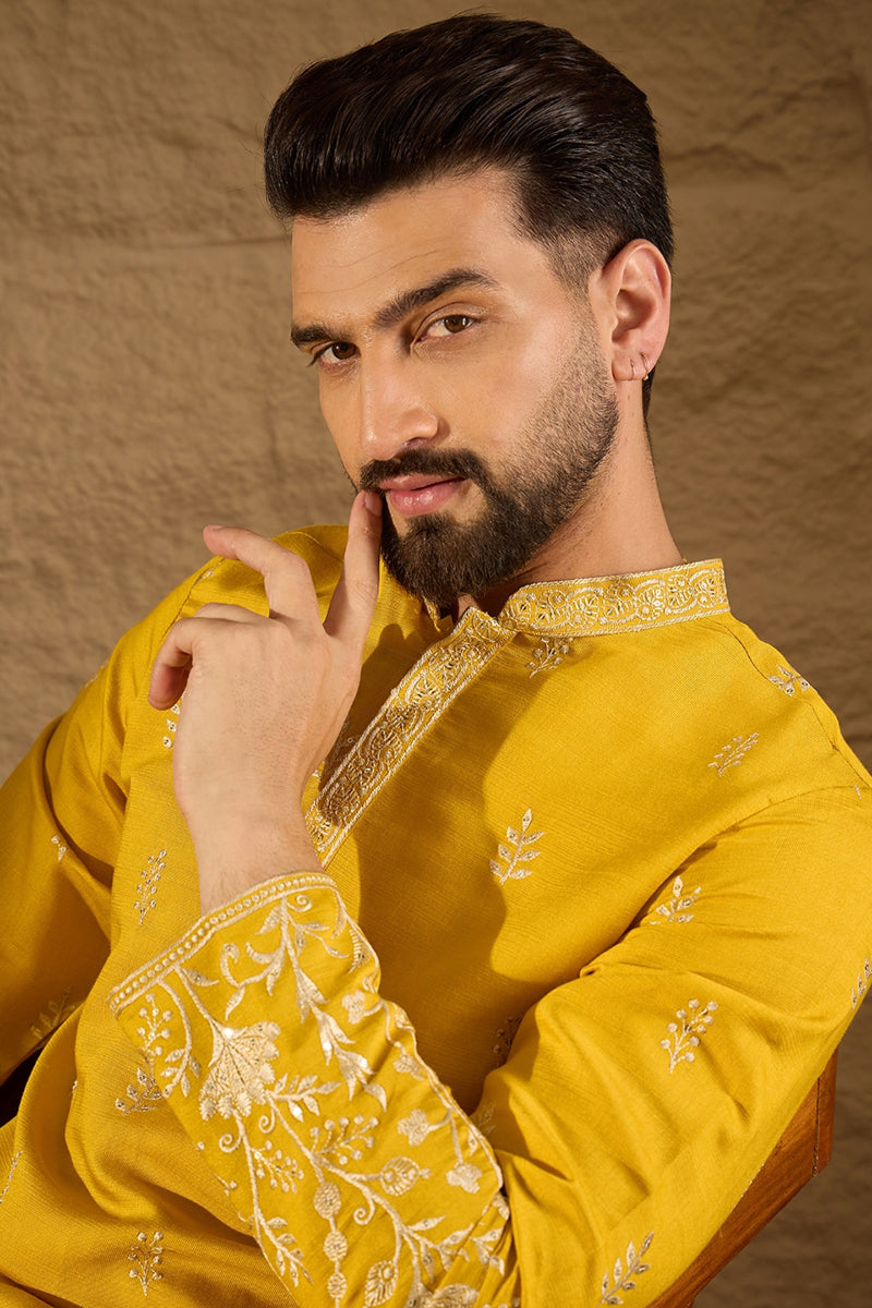 Yellow Verican Solid Embroidered Straight Kurta | SHOBITAM
