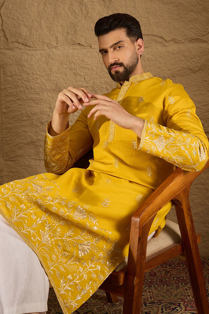 Yellow Verican Solid Embroidered Straight Kurta | SHOBITAM