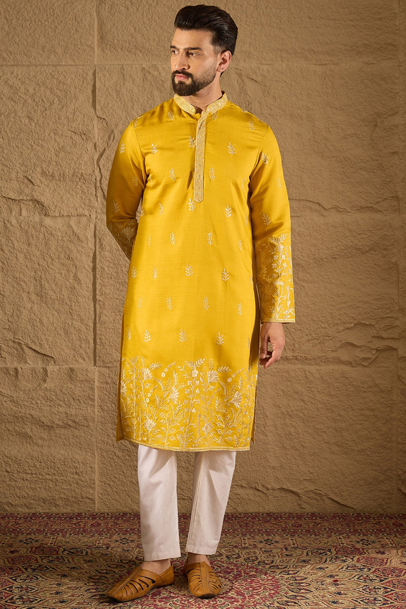 Yellow Verican Solid Embroidered Straight Kurta | SHOBITAM