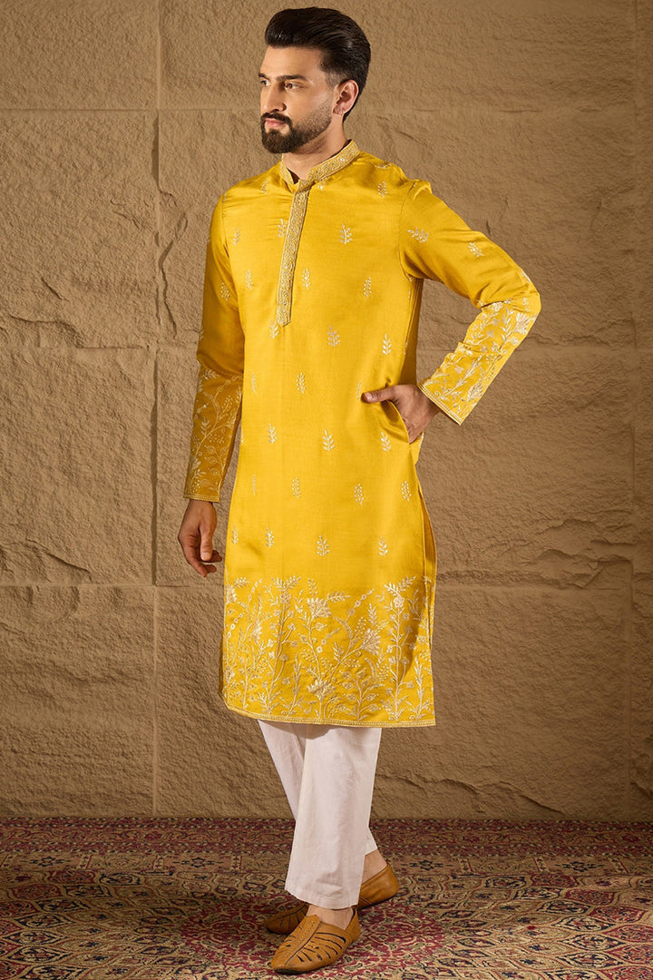 Yellow Verican Solid Embroidered Straight Kurta | SHOBITAM