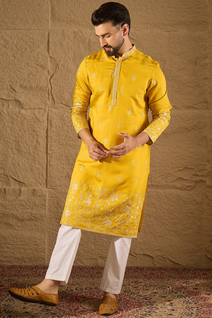 Yellow Verican Solid Embroidered Straight Kurta | SHOBITAM