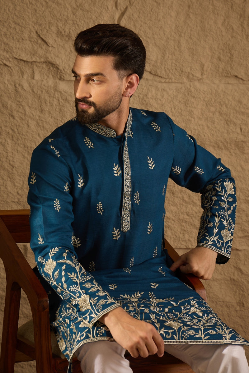 Blue Vertican Solid Embroidered Straight Kurta | SHOBITAM