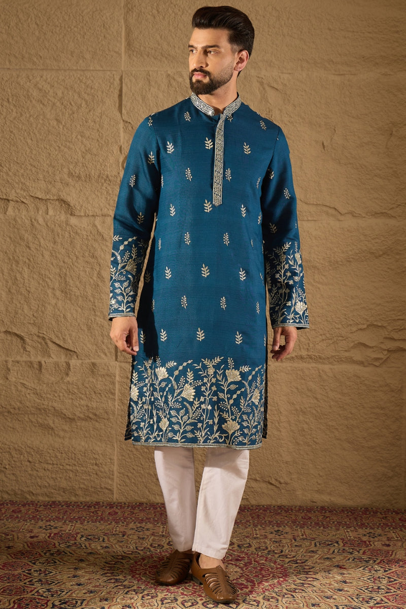 Blue Vertican Solid Embroidered Straight Kurta | SHOBITAM