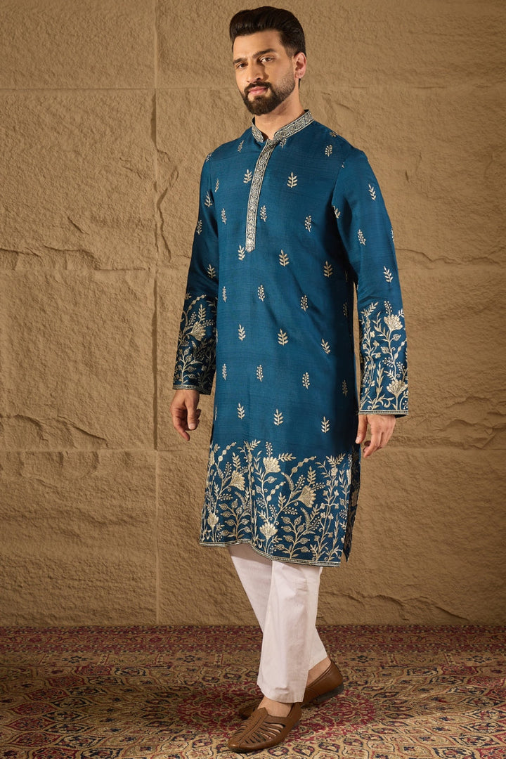 Blue Vertican Solid Embroidered Straight Kurta | SHOBITAM