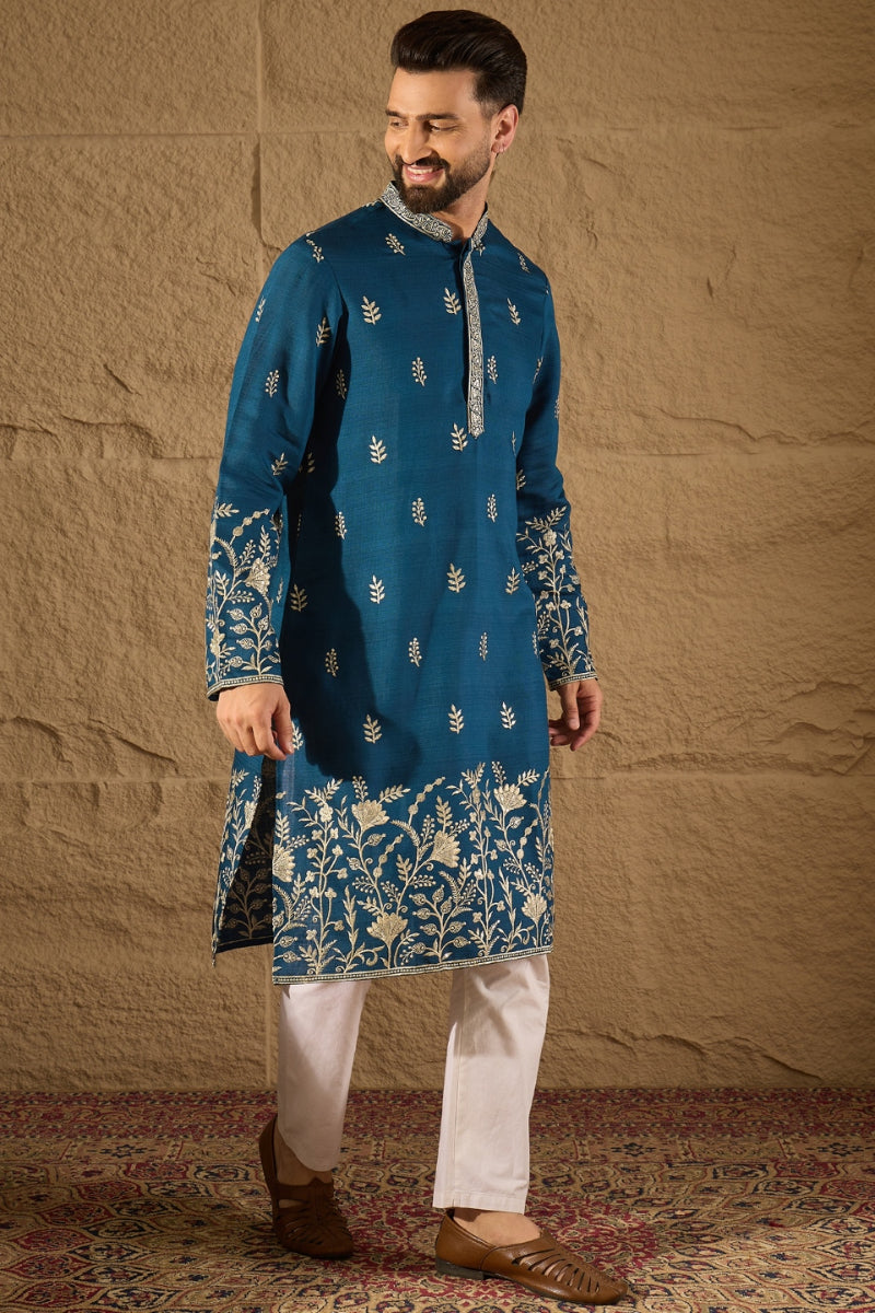 Blue Vertican Solid Embroidered Straight Kurta | SHOBITAM