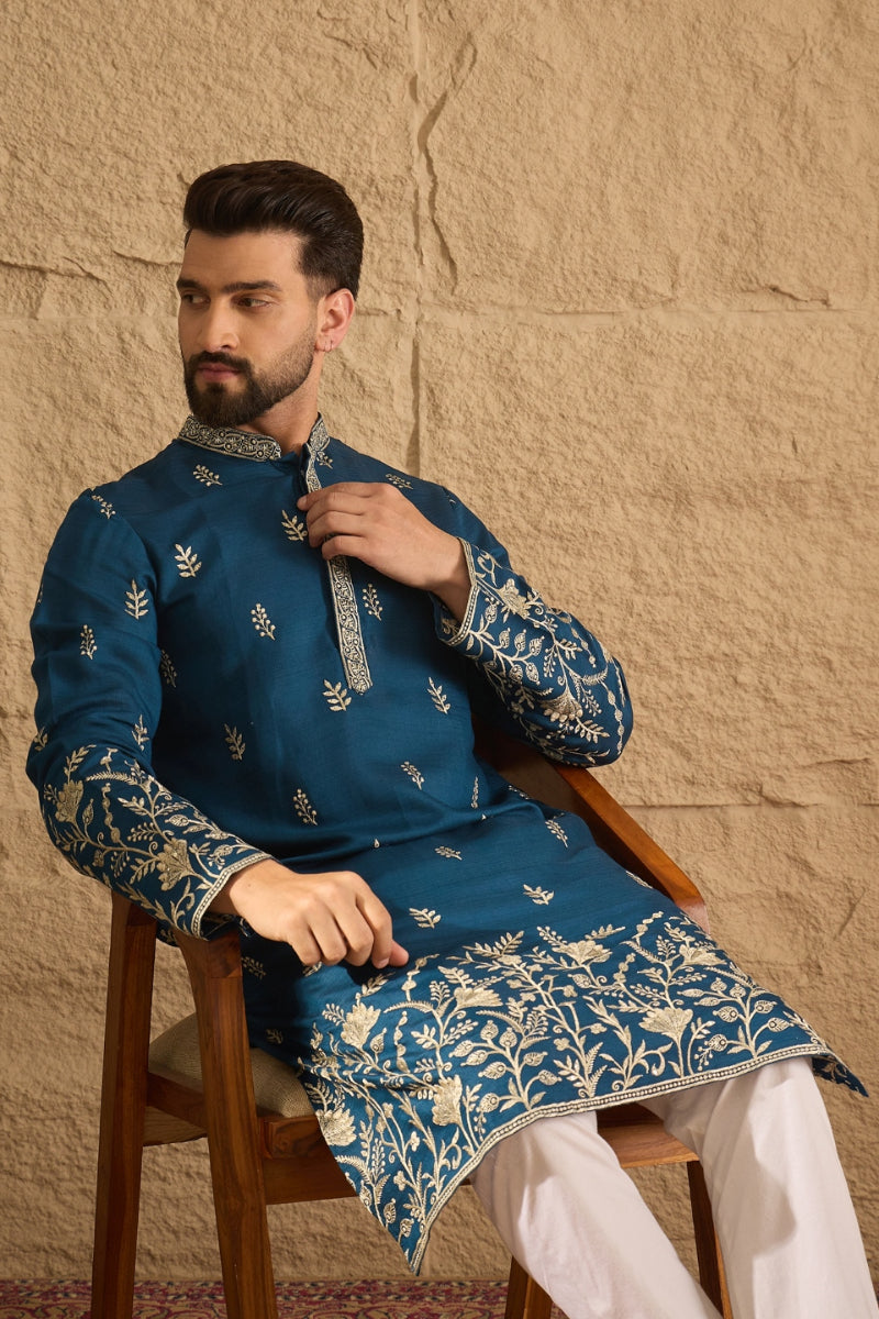 Blue Vertican Solid Embroidered Straight Kurta | SHOBITAM
