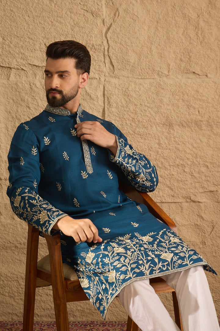 Blue Vertican Solid Embroidered Straight Kurta | SHOBITAM