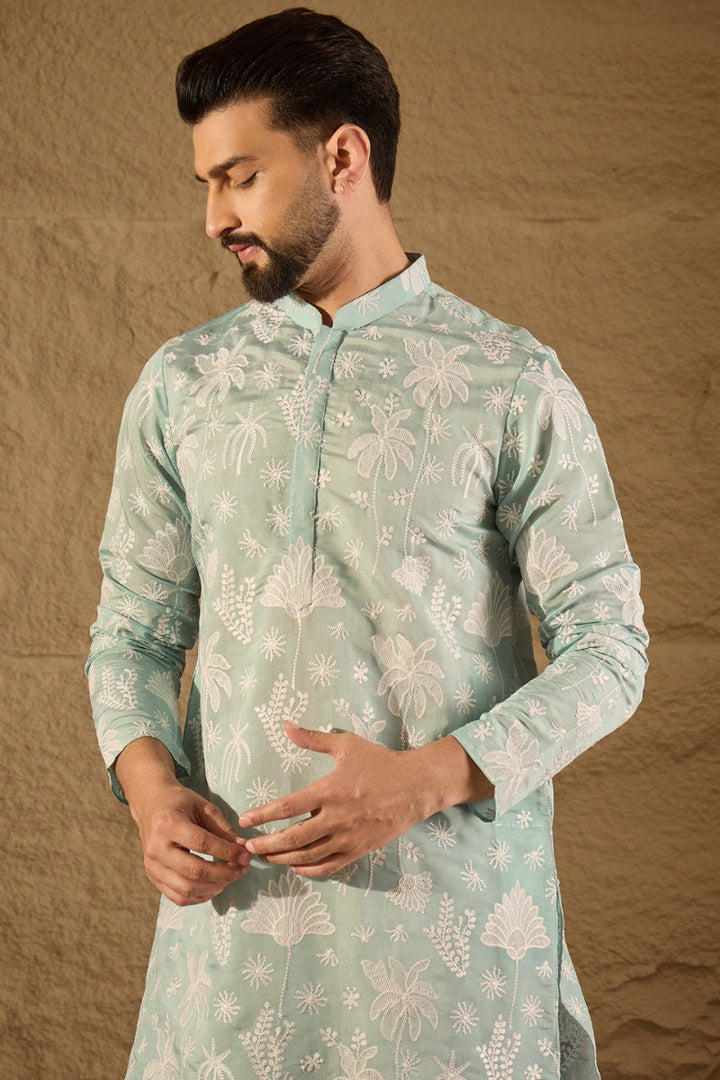 Blue Chanderi Silk Embroidered Straight Kurta | SHOBITAM