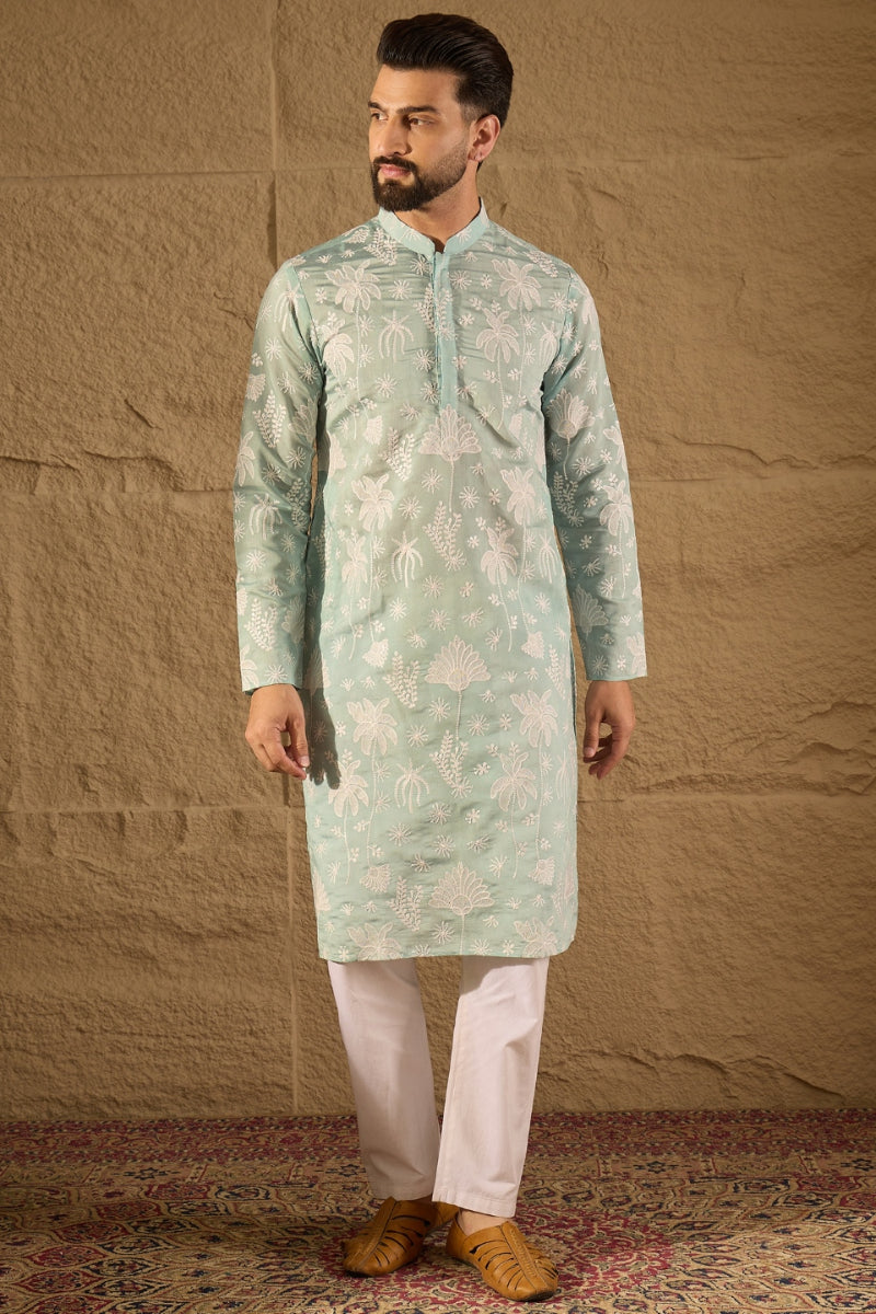 Blue Chanderi Silk Embroidered Straight Kurta | SHOBITAM