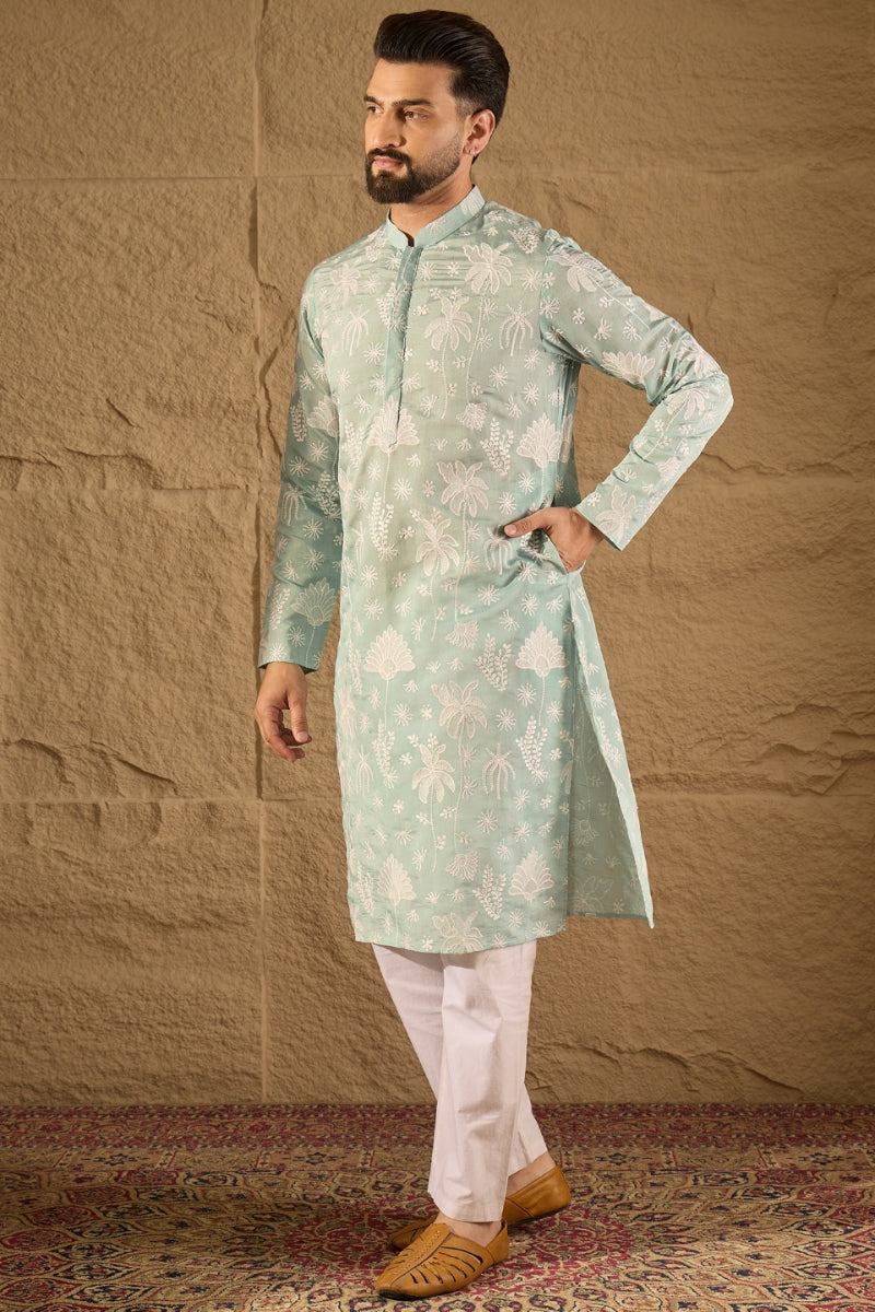 Blue Chanderi Silk Embroidered Straight Kurta | SHOBITAM