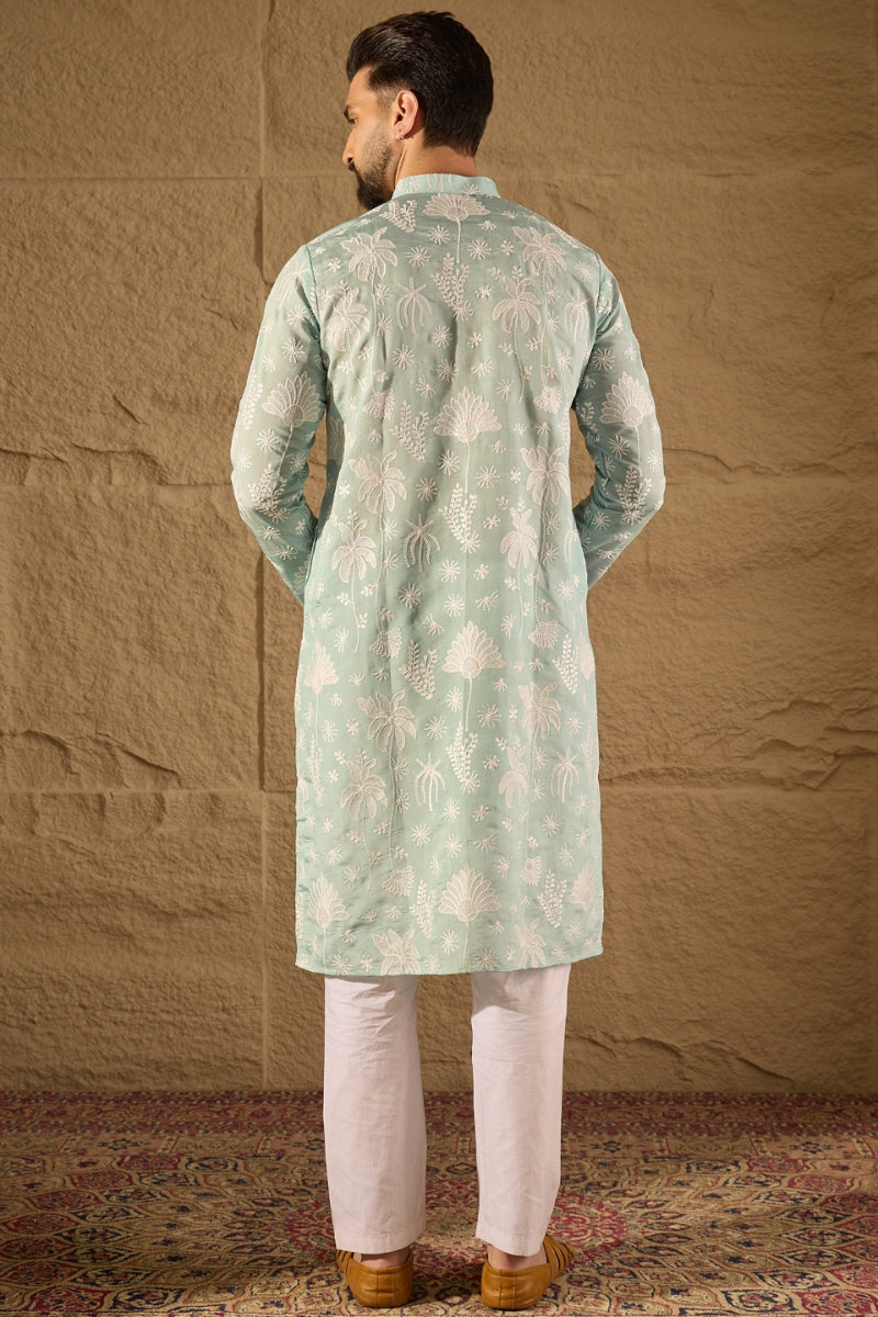Blue Chanderi Silk Embroidered Straight Kurta | SHOBITAM