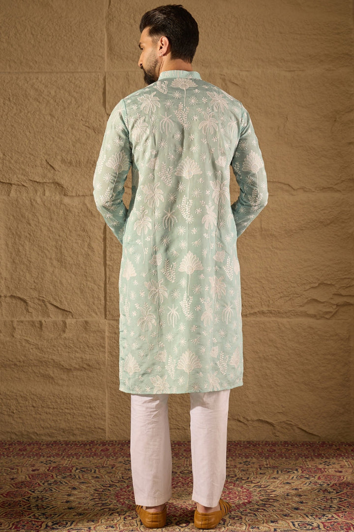 Blue Chanderi Silk Embroidered Straight Kurta | SHOBITAM