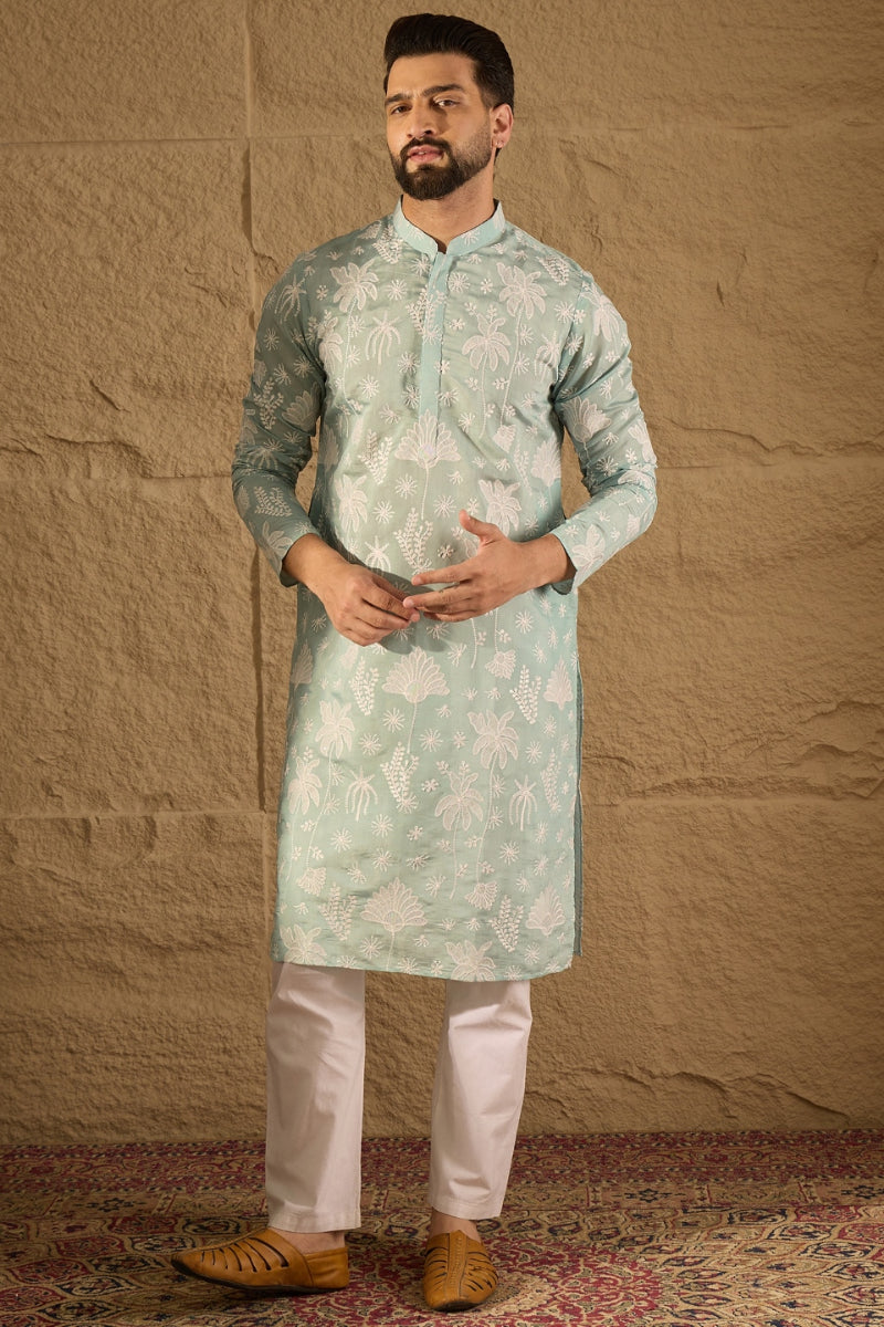 Blue Chanderi Silk Embroidered Straight Kurta | SHOBITAM