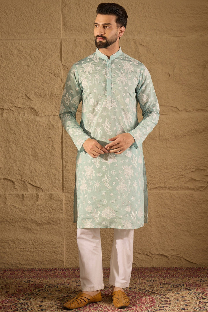 Blue Chanderi Silk Embroidered Straight Kurta | SHOBITAM