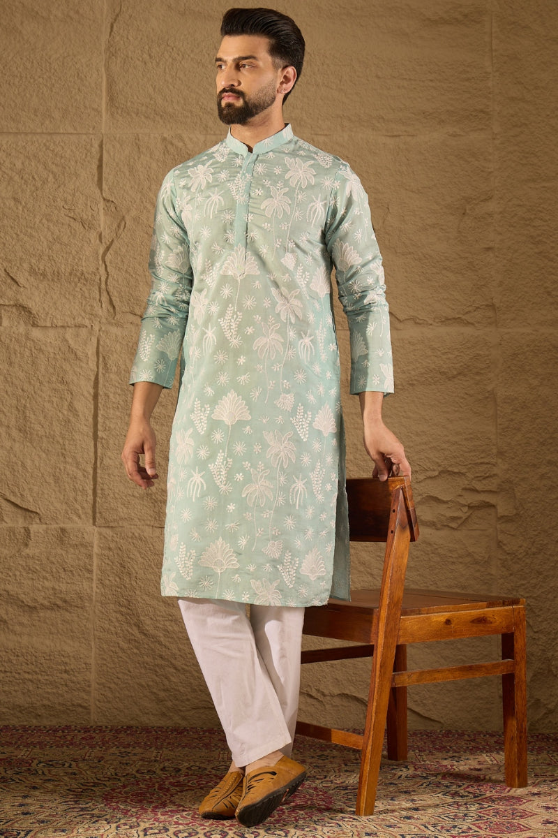 Blue Chanderi Silk Embroidered Straight Kurta | SHOBITAM