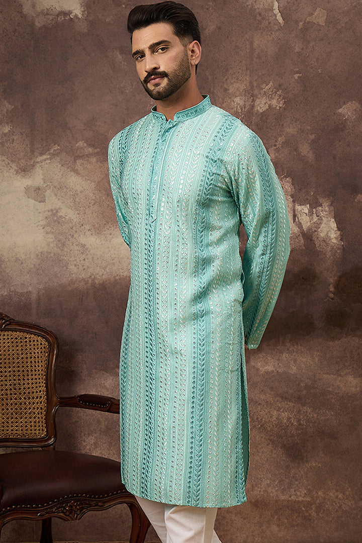 Blue Viscose Rayon Embroidered Straight Kurta | SHOBITAM