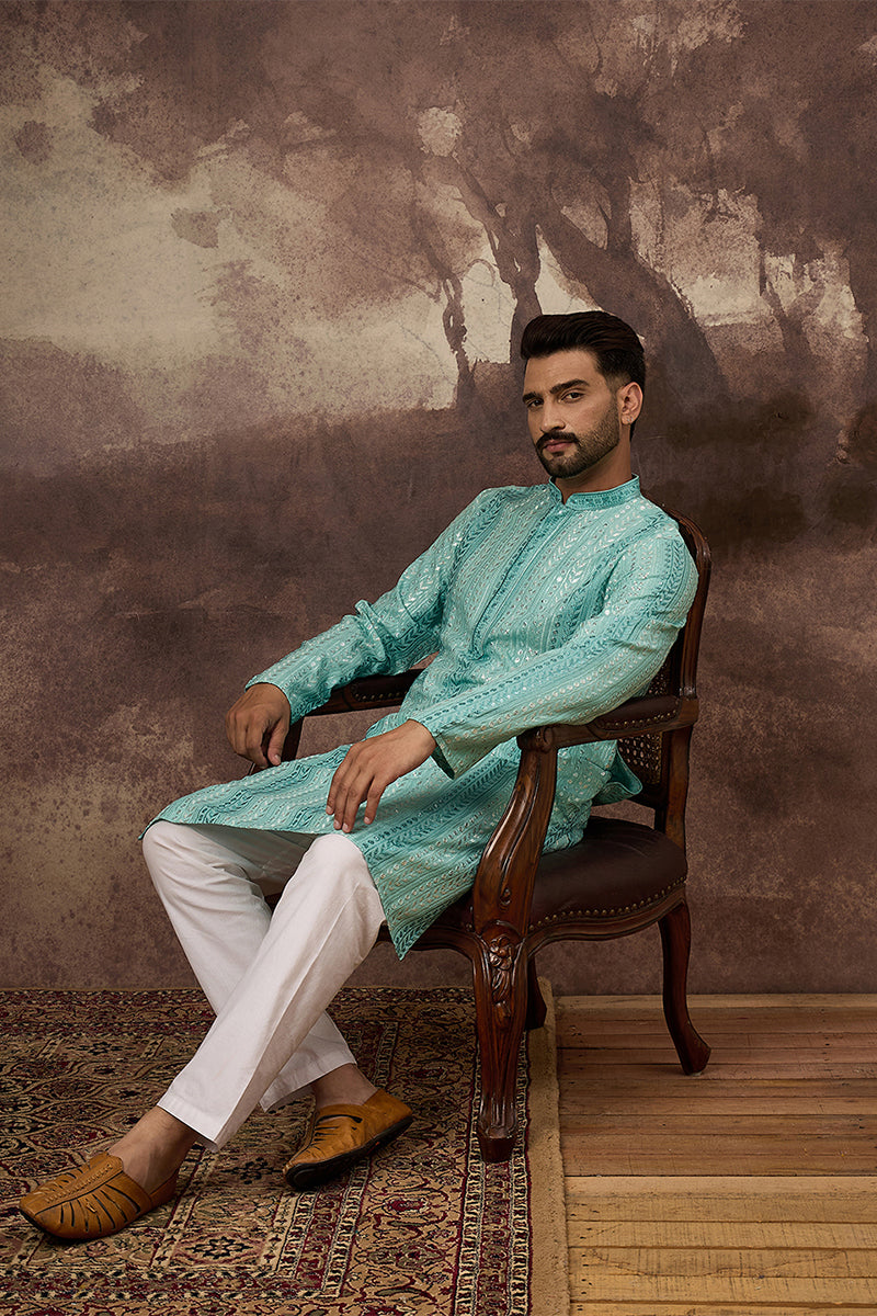 Blue Viscose Rayon Embroidered Straight Kurta | SHOBITAM