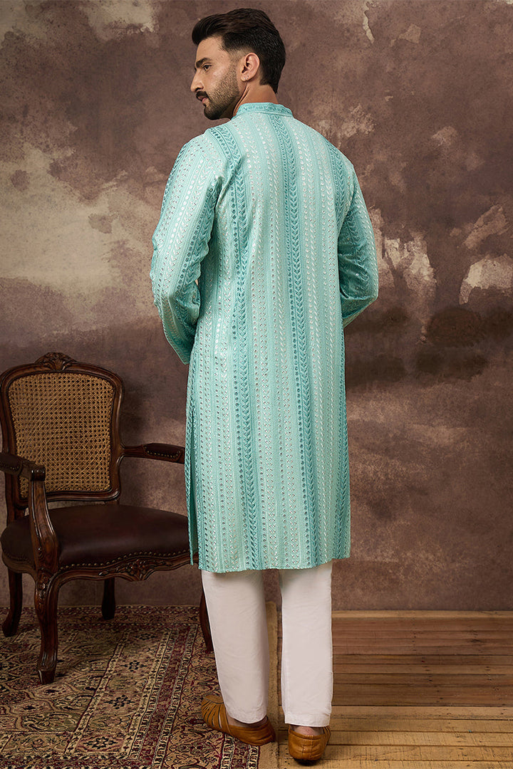 Blue Viscose Rayon Embroidered Straight Kurta | SHOBITAM