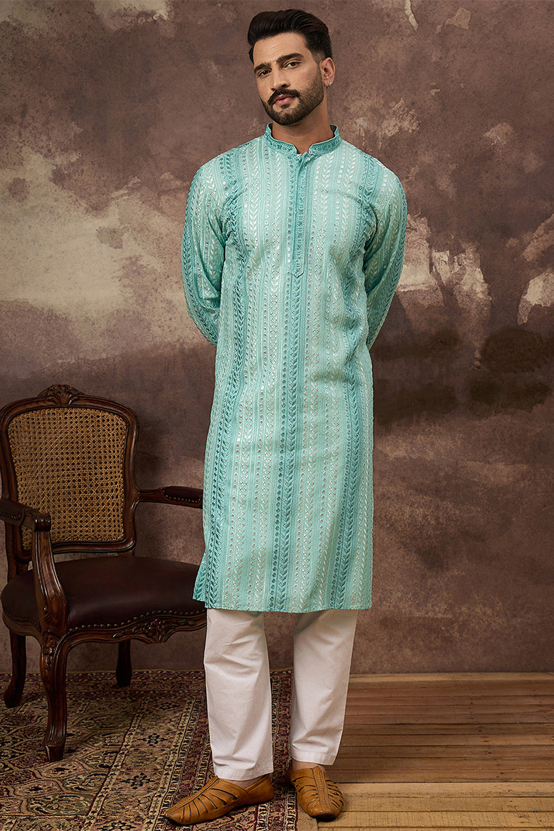 Blue Viscose Rayon Embroidered Straight Kurta | SHOBITAM