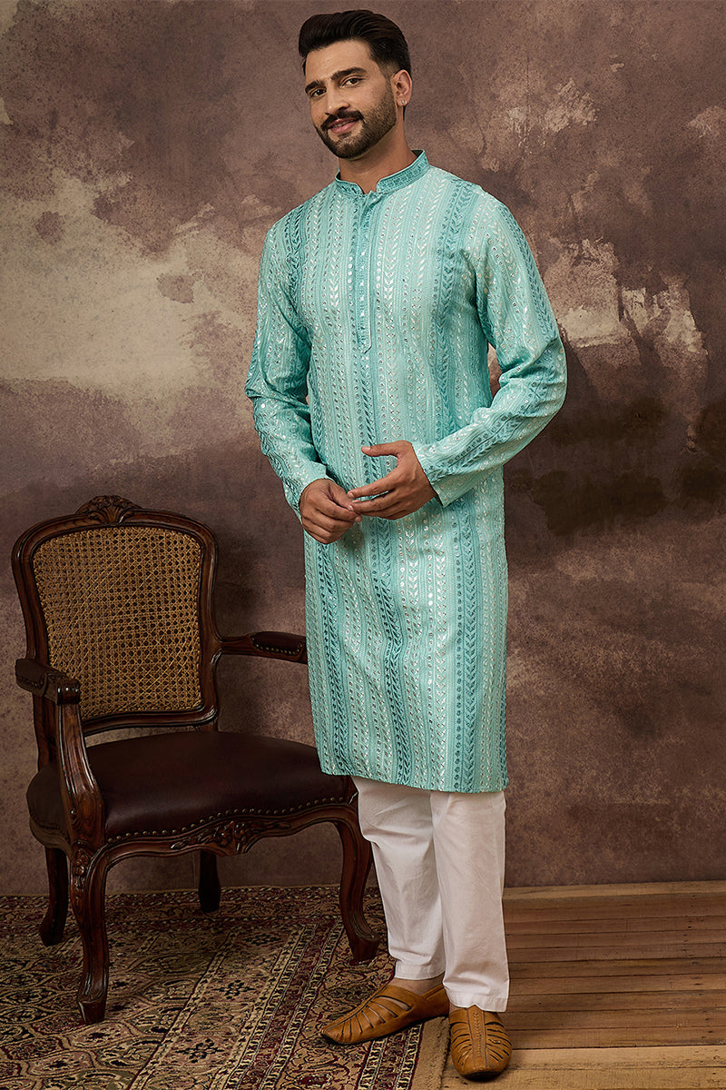 Blue Viscose Rayon Embroidered Straight Kurta | SHOBITAM