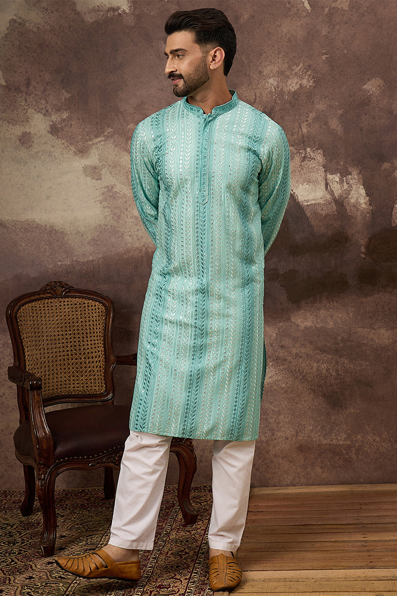 Blue Viscose Rayon Embroidered Straight Kurta | SHOBITAM
