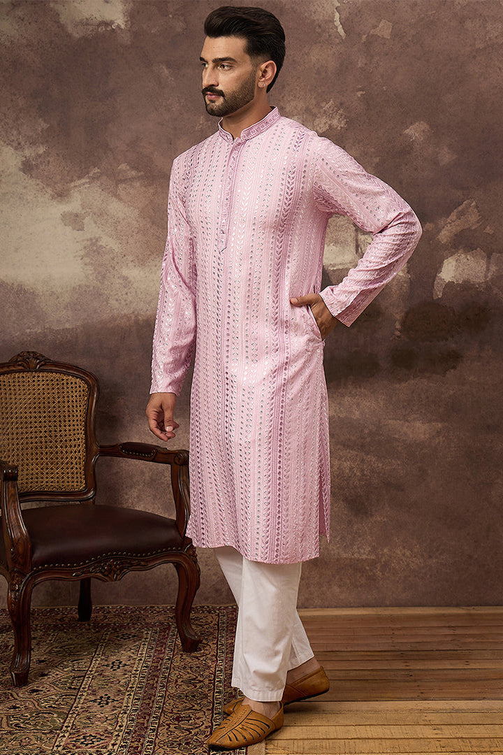 Pink Viscose Rayon Embroidered Straight Kurta | SHOBITAM