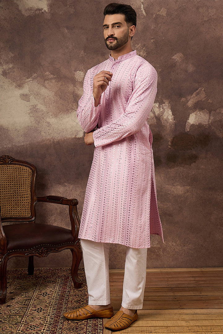 Pink Viscose Rayon Embroidered Straight Kurta | SHOBITAM