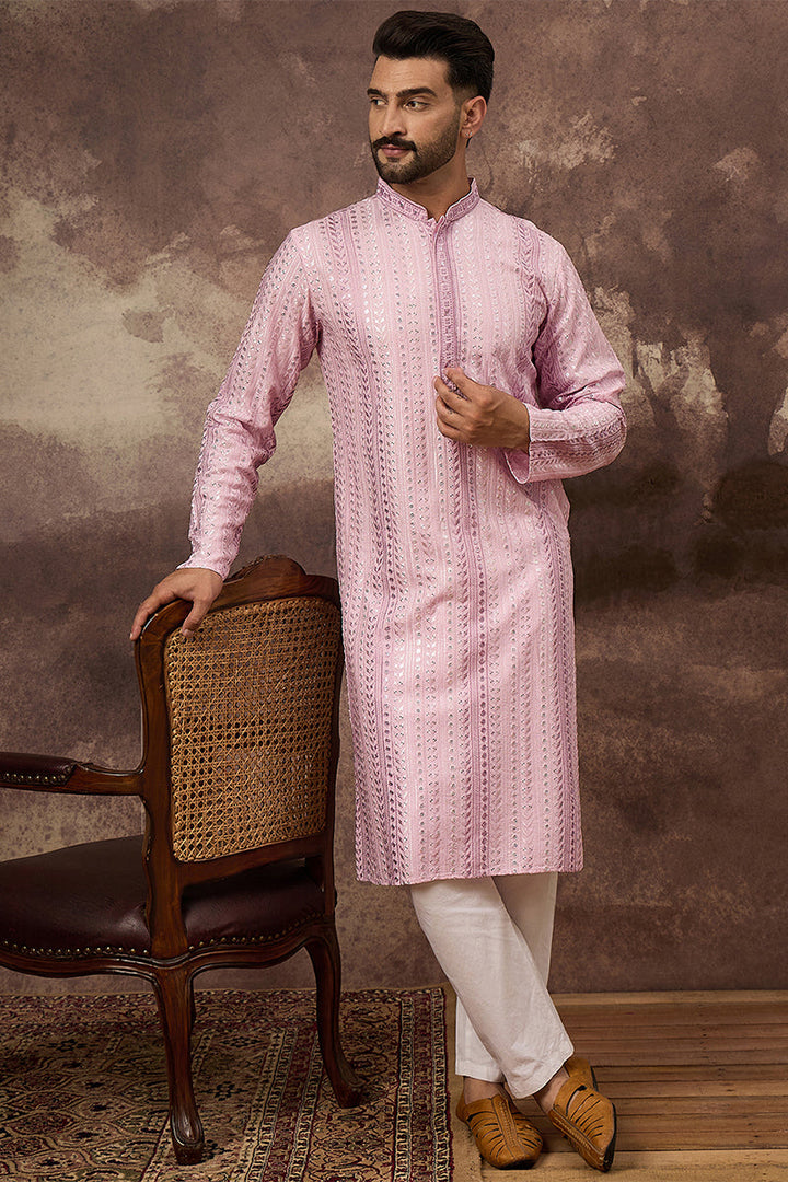 Pink Viscose Rayon Embroidered Straight Kurta | SHOBITAM