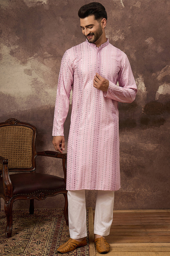 Pink Viscose Rayon Embroidered Straight Kurta | SHOBITAM