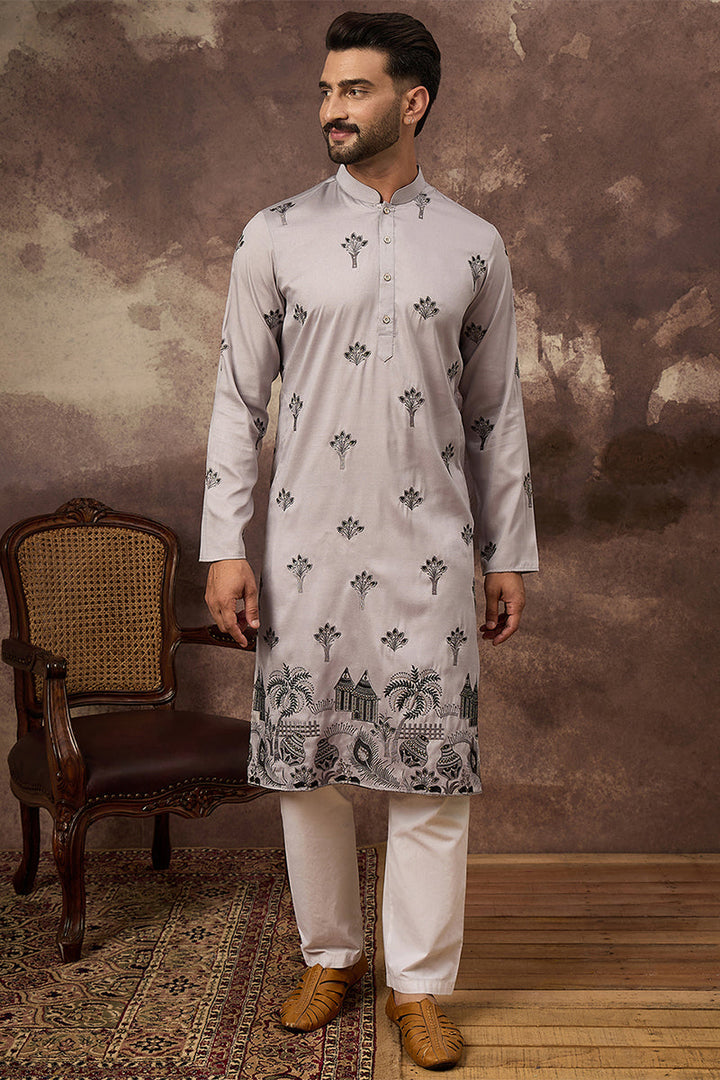 Grey Silk Solid Embroidered Straight Kurta | SHOBITAM