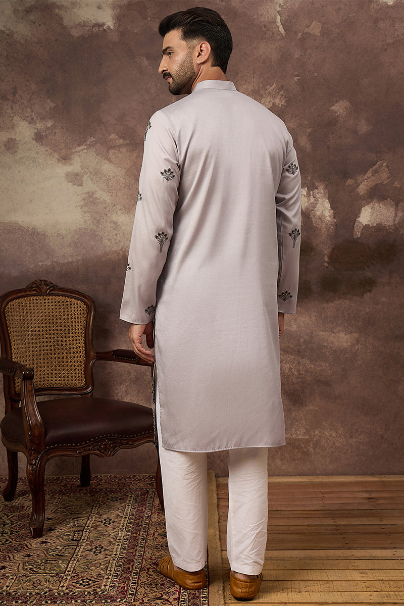 Grey Silk Solid Embroidered Straight Kurta | SHOBITAM
