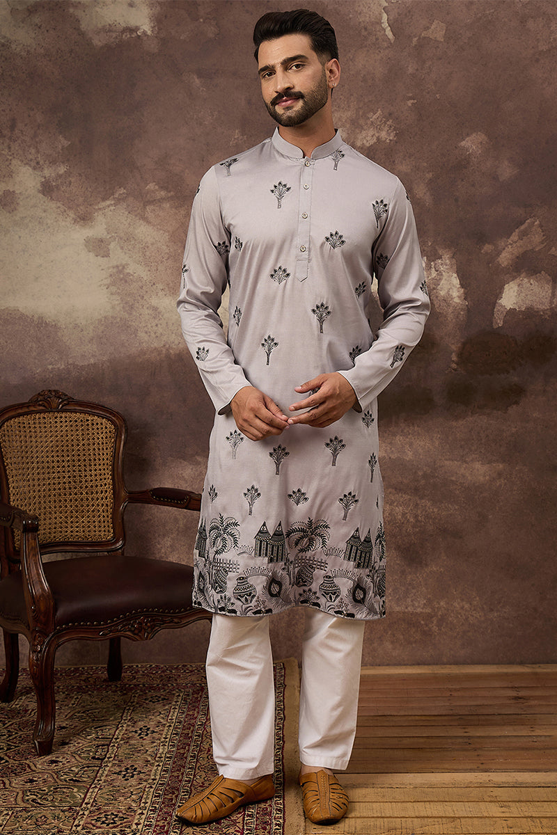 Grey Silk Solid Embroidered Straight Kurta | SHOBITAM
