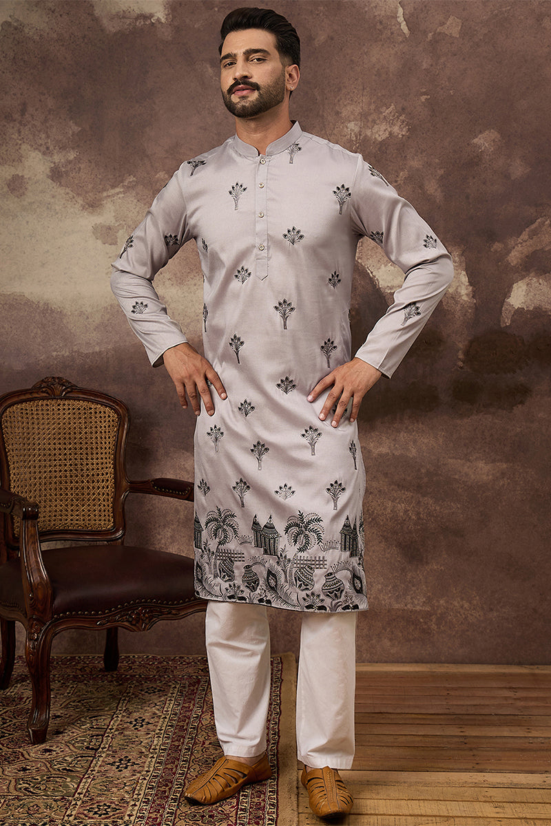Grey Silk Solid Embroidered Straight Kurta | SHOBITAM