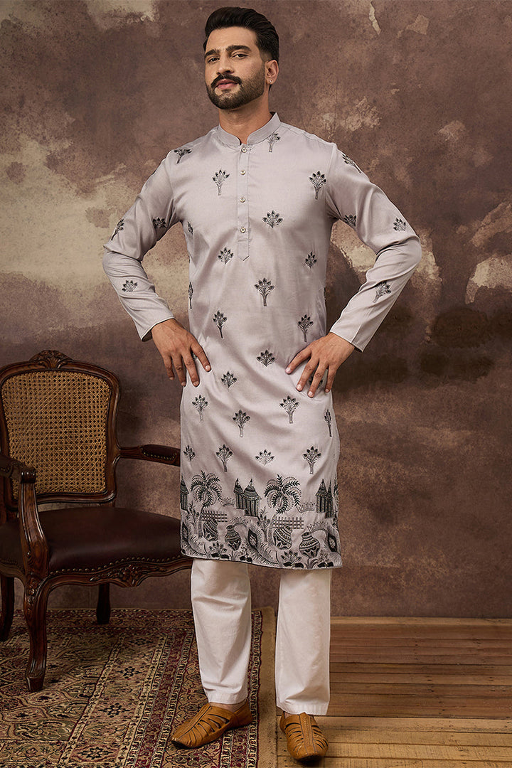 Grey Silk Solid Embroidered Straight Kurta | SHOBITAM