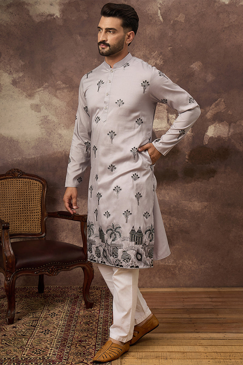 Grey Silk Solid Embroidered Straight Kurta | SHOBITAM