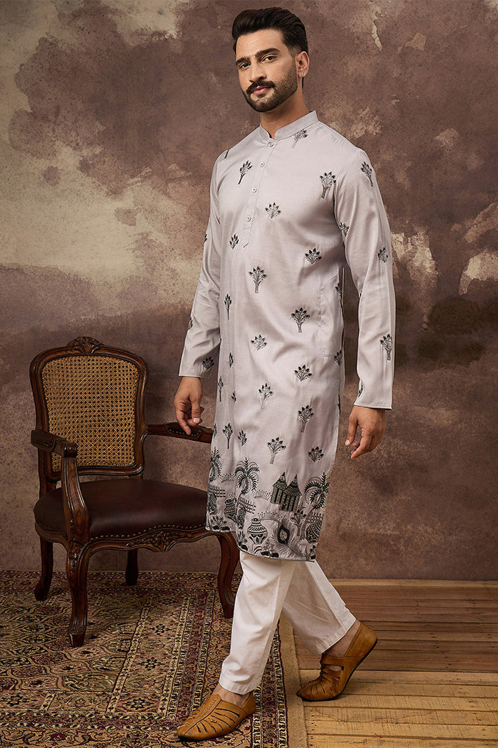 Grey Silk Solid Embroidered Straight Kurta | SHOBITAM