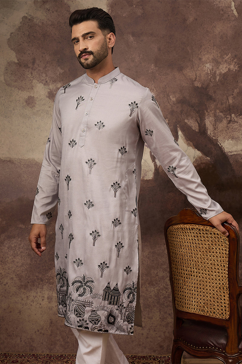 Grey Silk Solid Embroidered Straight Kurta | SHOBITAM