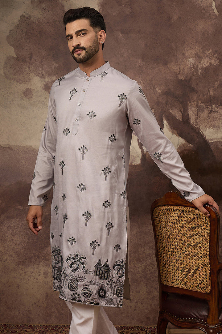 Grey Silk Solid Embroidered Straight Kurta | SHOBITAM