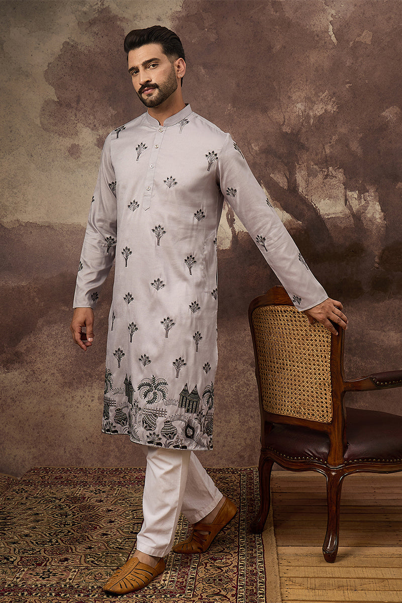 Grey Silk Solid Embroidered Straight Kurta | SHOBITAM