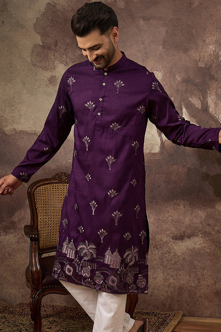 Purple Silk Blend Solid Embroidered Straight Kurta | SHOBITAM