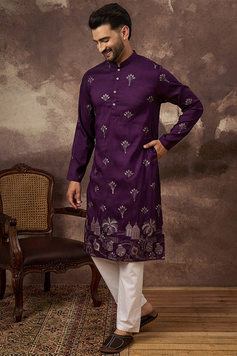 Purple Silk Blend Solid Embroidered Straight Kurta | SHOBITAM