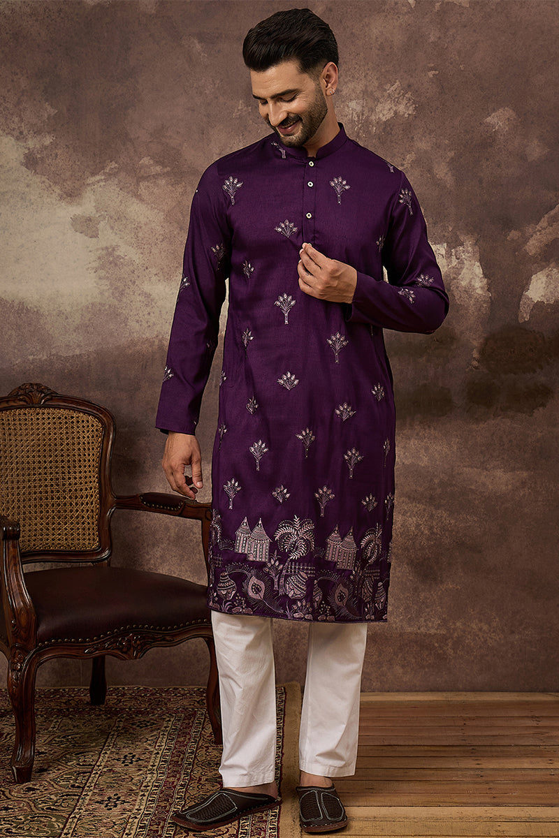 Purple Silk Blend Solid Embroidered Straight Kurta | SHOBITAM