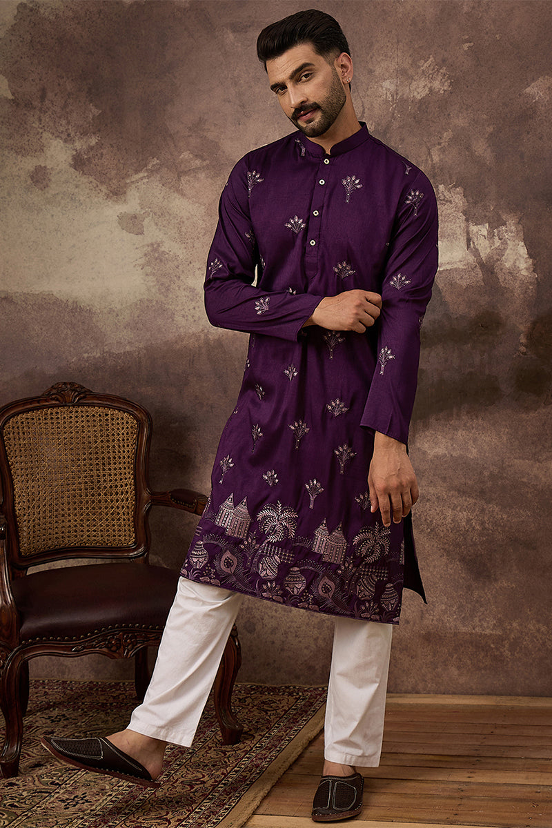 Purple Silk Blend Solid Embroidered Straight Kurta | SHOBITAM