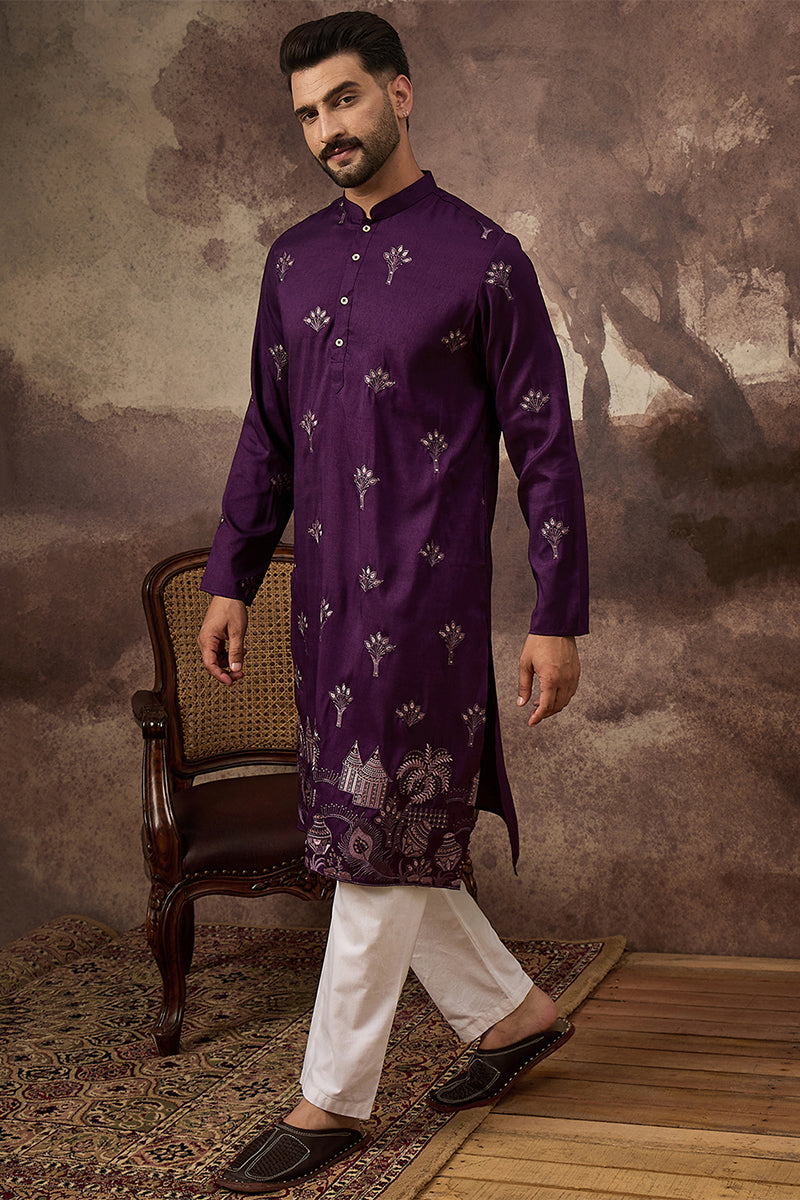 Purple Silk Blend Solid Embroidered Straight Kurta | SHOBITAM